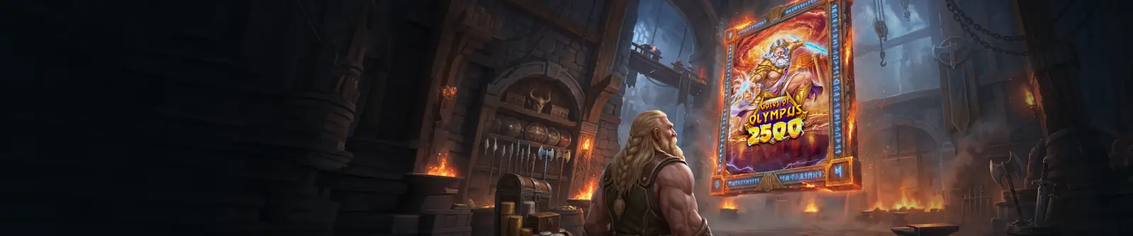 Bannière Godz : une forge nordique aux murs de pierre et aux torches, un forgeron blond de dos devant l'affiche encadrée de Gates of Olympus 2500